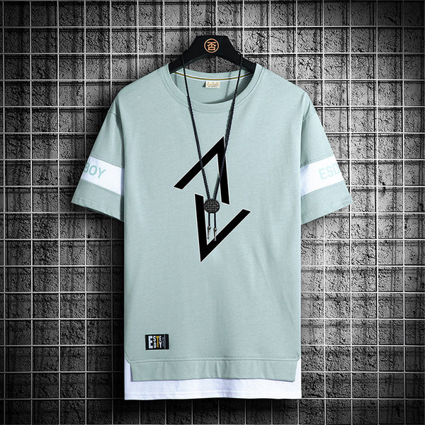 TB Summer Men's Printed Fake Two-Piece Short-Sleeved T-Shirt: Casual Crew Neck Style