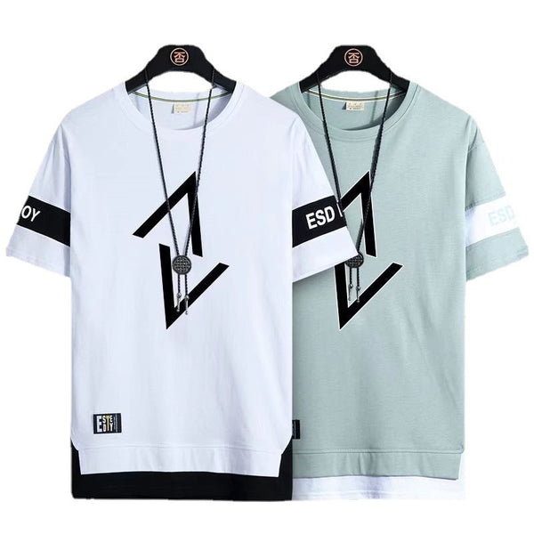 TB Summer Men's Printed Fake Two-Piece Short-Sleeved T-Shirt: Casual Crew Neck Style