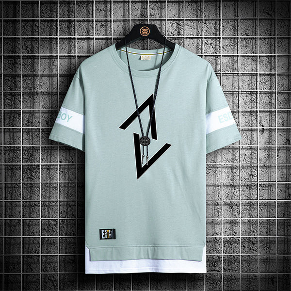 TB Summer Men's Printed Fake Two-Piece Short-Sleeved T-Shirt: Casual Crew Neck Style