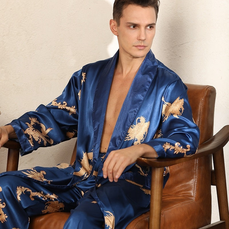 TB Luxury Silk Robe & Pants Set Men's Imitation Silk Pajamas Ensemble