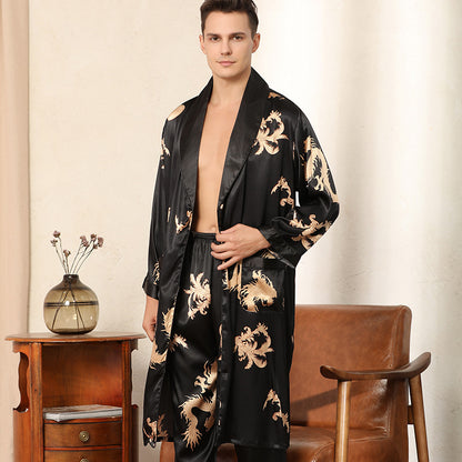 TB Luxury Silk Robe & Pants Set Men's Imitation Silk Pajamas Ensemble