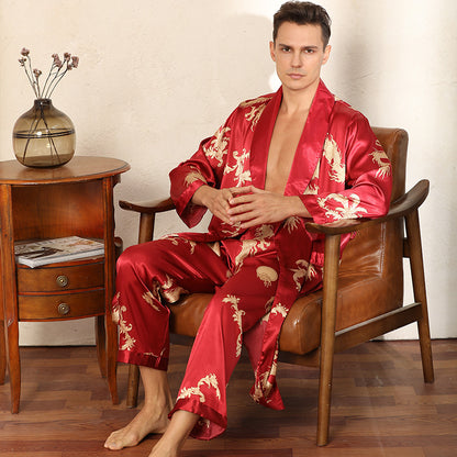 TB Luxury Silk Robe & Pants Set Men's Imitation Silk Pajamas Ensemble