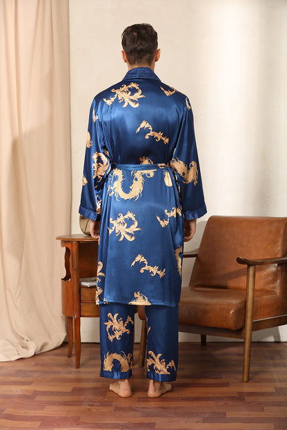 TB Luxury Silk Robe & Pants Set Men's Imitation Silk Pajamas Ensemble