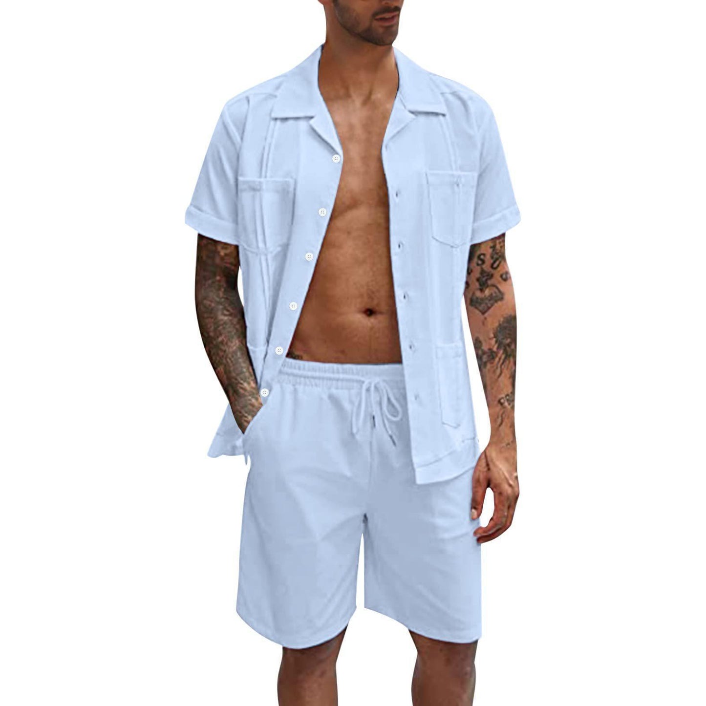 TB Summer Men's Linen Sports Short Sleeve Shirt Set Loose Casual Comfort