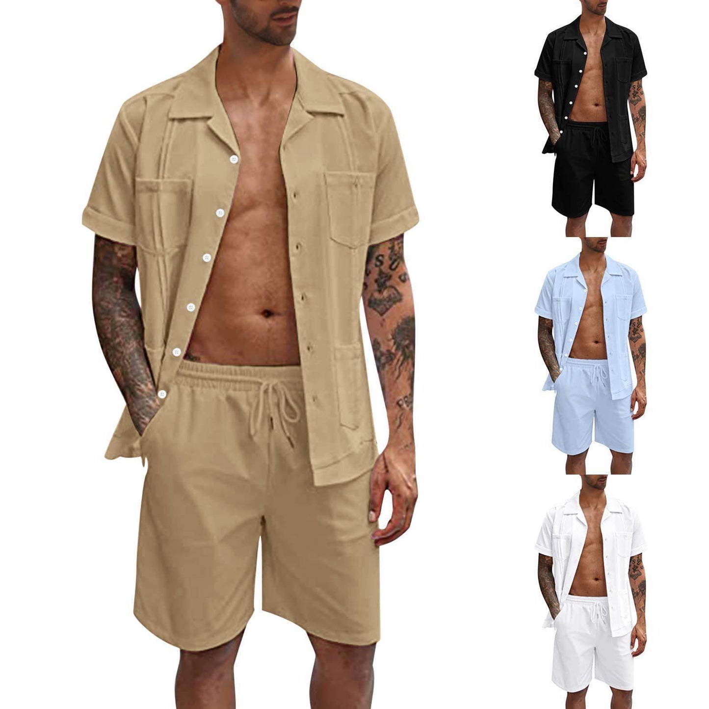 TB Summer Men's Linen Sports Short Sleeve Shirt Set Loose Casual Comfort