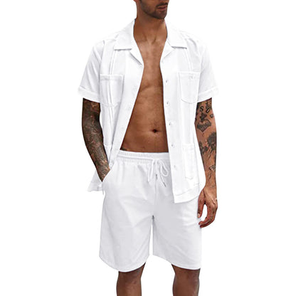 TB Summer Men's Linen Sports Short Sleeve Shirt Set Loose Casual Comfort